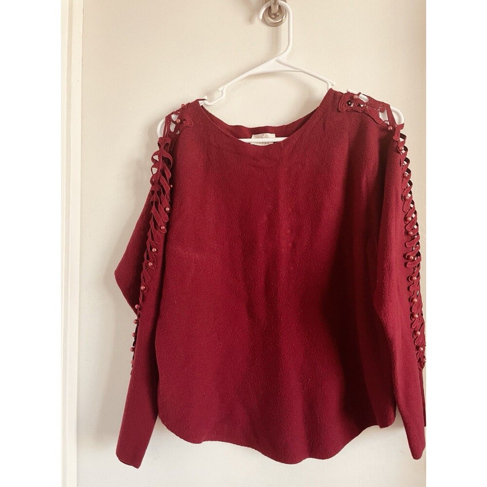Ember Women's L Red Solid Knit Round Neck Long Sleeve Pullover Sweater Lace-Up